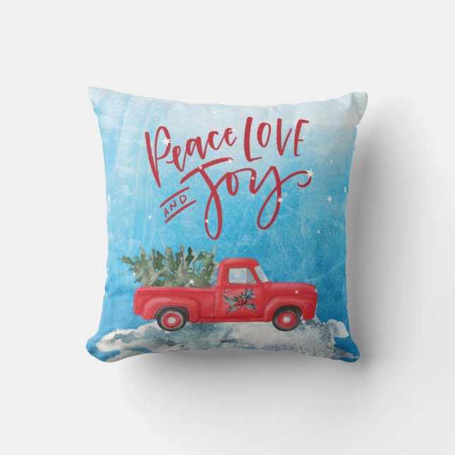 Cojín Decorativo Paz, amor, alegría Navidades de camiones rojos vin (Anverso)