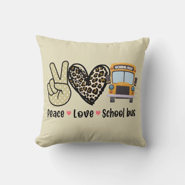 Cojín Decorativo Paz, amor, autobús escolar (Anverso)
