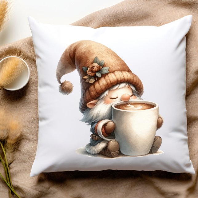 Cojín Decorativo "Paz, amor, café" Gnome Feliz café que bebe (Happy gnome drinking coffee pillow)