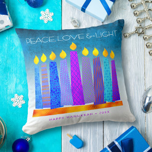 Cojín Decorativo Paz Amor Luz Negrita Hanukkah Velas Turquoise