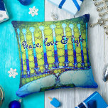 Cojín Decorativo Peace Love Light Bold Blue Green Hanukkah Menorah<br><div class="desc">"Paz, amor y luz". Una foto de primer plano de una menorah artística brillante, colorida, azul y verde te ayuda a inaugurar las vacaciones de Hanukkah con estilo. Sienta el calor y la alegría de la temporada de vacaciones cuando te relajes en esta impresionante y colorida almohada de lanzamiento de...</div>
