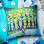 Cojín Decorativo Peace Love Light Bold Blue Green Hanukkah Menorah<br><div class="desc">"Paz, amor y luz". Una foto de primer plano de una menorah artística brillante, colorida, azul y verde te ayuda a inaugurar las vacaciones de Hanukkah con estilo. Sienta el calor y la alegría de la temporada de vacaciones cuando te relajes en esta impresionante y colorida almohada de lanzamiento de...</div>