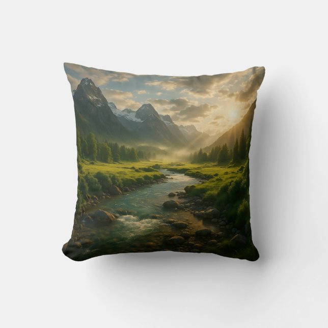 Cojín Decorativo Peaceful Mountain River Landscape Throw Pillow  (Anverso)