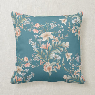 Cojín Decorativo Peach, Blue, Cream Giant Bouquet en Verde azulado