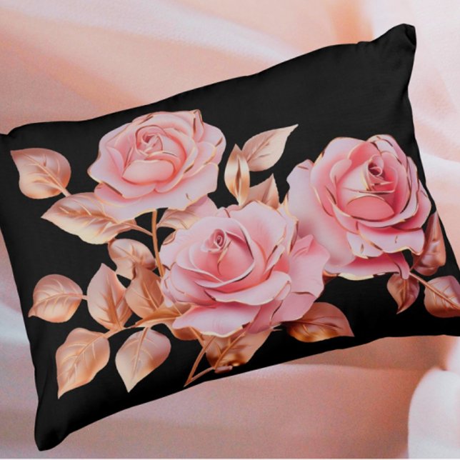 Cojín Decorativo Peach Pink Gold Roses on Black (Peach pink gold vintage roses on black background.)