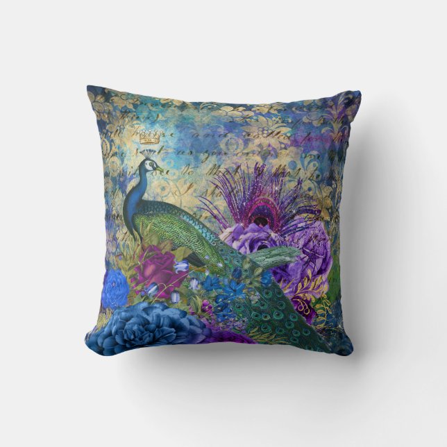 Cojín Decorativo Peacock y Flores Ilustrados Antiguos Grunge (Anverso)