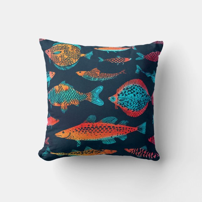 Cojín Decorativo Peces acuarelas: Azul profundo sin foco (Anverso)