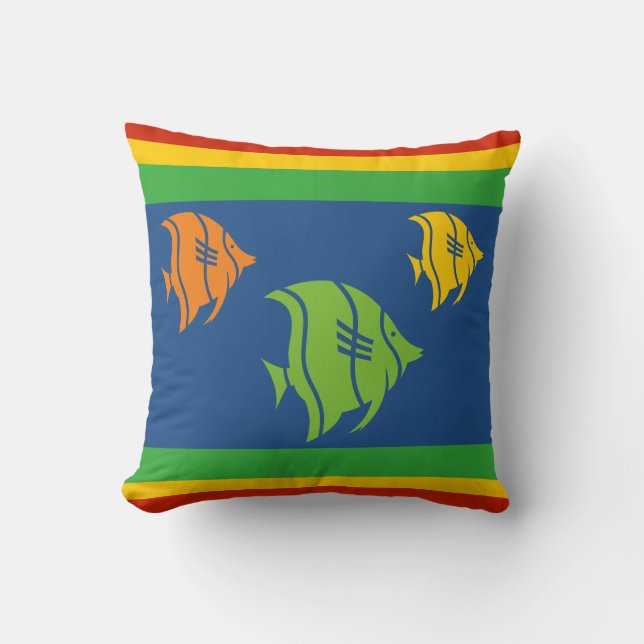 Cojín Decorativo peces azules, naranjas, amarillos y verdes en blan (Anverso)