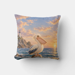Cojín Decorativo Pelícano Crema Faro Costero Dorado Atardecer