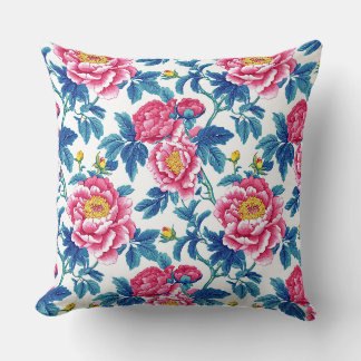 Cojín Decorativo Peonía floral de chinoiserie vintage en azul turqu