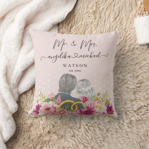Cojín Decorativo Peonías Floral Blush Escritura Moderna Sr. y Sra.
