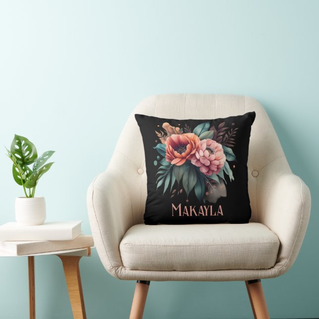 Cojín Decorativo Peonias personalizadas de Moda floral en negro (Silla)