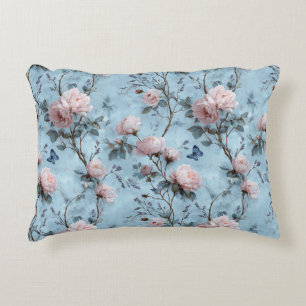 Cojín Decorativo Peonías primaverales vintage sobre azul
