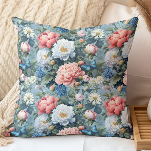 Cojín Decorativo Peonías Rosadas Vintage y Mariposa de Acianos