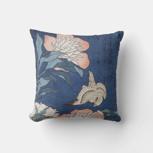 Cojín Decorativo Peonies y canario de Katsushika Hokusai (Anverso)