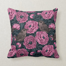 Cojín Decorativo Peonies y wrenes en gris oscuro