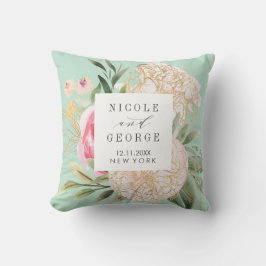 Cojín Decorativo Peony y flores doradas monograma boda kesake