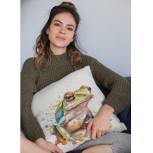 Cojín Decorativo Pequeña rana verde suave de la acuarela