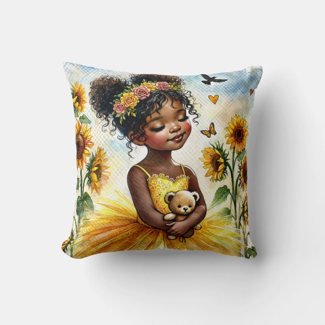Cojín Decorativo Pequeño Chica negro con girasoles y oso de peluche (Anverso)
