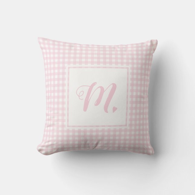Cojín Decorativo Pequeño Gingham Monogramado Blanco y Rosa (Anverso)