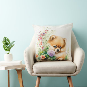 COJÍN DECORATIVO PEQUEÑO PERRO PUPPY POMERANIA ROJO CON FLORES SILV