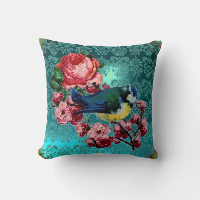 COJÍN DECORATIVO PEQUEÑOS PÁJAROS Y ROSAS ROSAS ROSAS DE PINO AQUÍ, (Anverso)