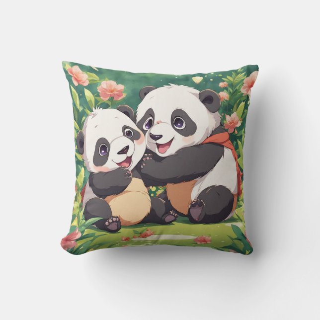 Cojín Decorativo Pequeños Pandas Jugadores Cuidados - Estilo Anime (Anverso)