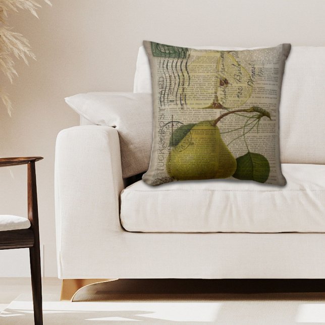 Cojín Decorativo pera de fruta de impresión botánica moderna (modern Vintage Botanical Print fruit pear Throw Pillow)