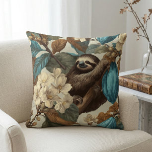 Cojín Decorativo Perezoso Floral Tropical Marrón Turquesa Botánico 