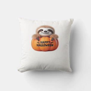 Cojín Decorativo Perezoso lindo sentado en una Calabaza. Texto Feli
