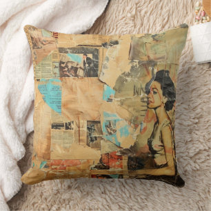 Cojín Decorativo Periódico Antiguo Mujeres Sepia Azul Retro
