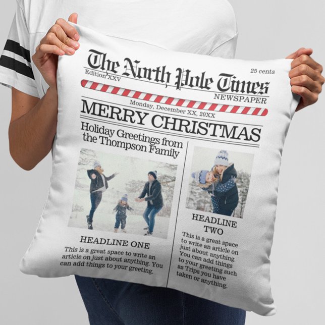 Cojín Decorativo Periódico personalizado fotográfico de navidades (Christmas cute whimsical newspaper print photo throw pillow.)