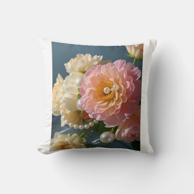 Cojín Decorativo Perlas con flores rosadas (Anverso)