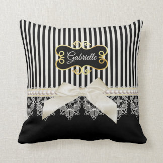 Cojín Decorativo Perlas y encaje Black Stripes Cream Bow Gold Name