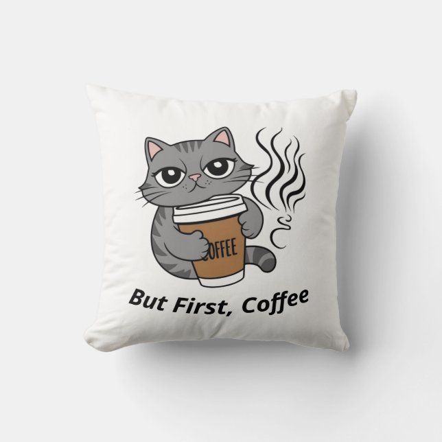 Cojín Decorativo Pero primero, café - Gato Lover personalizado (Anverso)