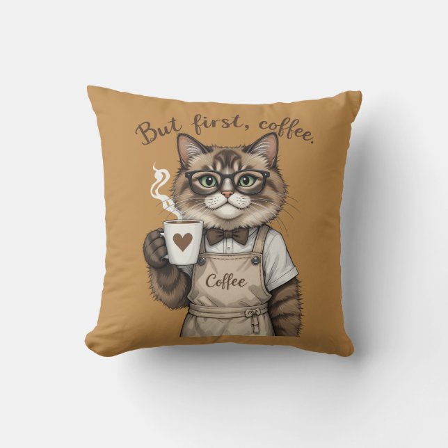 Cojín Decorativo Pero Primero, Gato Café (Anverso)