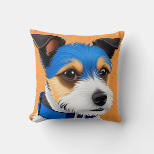 Cojín Decorativo Perrito Adorable Con Collar Azul Sobre Naranja