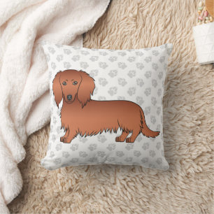 Cojín Decorativo Perrito Caricatura Lindo Dachshund Pelo Largo Rojo