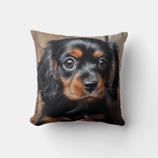 Cojín Decorativo Perrito Cavalier negro y marrón (Anverso)