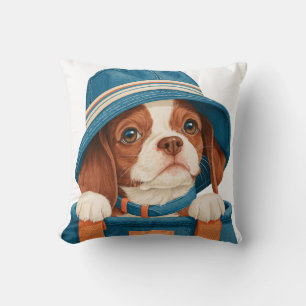 Cojín Decorativo Perrito marrón blanco adorable en acuarela sombrer