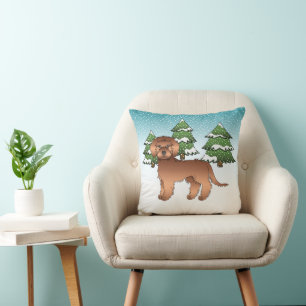 Cojín Decorativo Perrito Mini Goldendoodle Rojo en un Bosque Invern