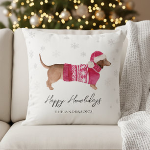 Cojín Decorativo Perrito salchicha de acuarela Navideño