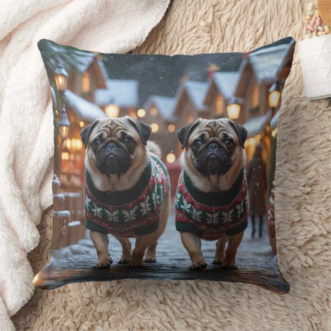 Cojín Decorativo Perritos Pug Navidad Nieve Fiesta (Manta)