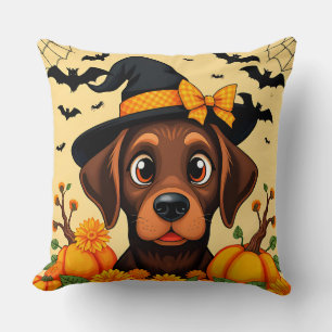 Cojín Decorativo Perro Adorable con Sombrero de Bruja de Halloween