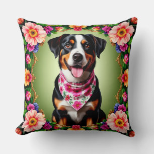 Cojín Decorativo Perro Adorable Enmarcado por Flores Coloridas