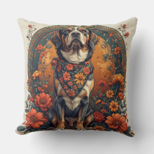 Cojín Decorativo Perro Adorable Enmarcado por Flores Coloridas