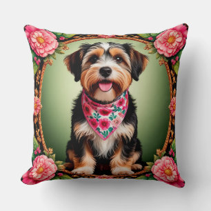 Cojín Decorativo Perro adorable enmarcado por flores coloridas