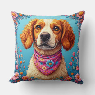 Cojín Decorativo Perro Adorable Enmarcado por Flores Coloridas