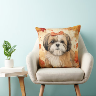 COJÍN DECORATIVO PERRO ADORABLE SHIH TZU CON HOJAS DE OTOÑO