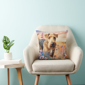 Cojín Decorativo Perro Airedale Terrier en una pradera de flores si
